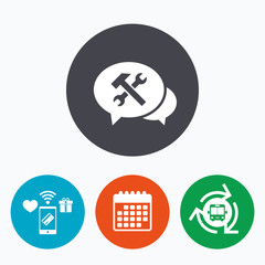 Speech bubble repair tool icon. Service symbol.