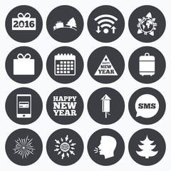 Christmas, new year icons. Gift box, fireworks.