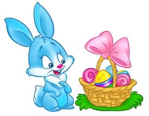 Blue Bunny Easter egg basket card cartoon illustration isolated image animal character
