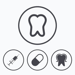 Tooth enamel icons. Medical syringe and pill.