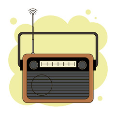 Old-fashioned analog orange radio receiver with antenna in vector, isolated on abstract yellow background