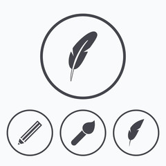 Feather retro pen signs. Brush and pencil icons.