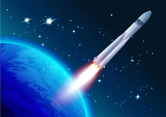 Rocket in space. Cosmonautics Day. Spacecraft flies away from earth