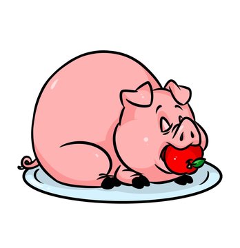 Pig tray apple cartoon illustration isolated image animal character 