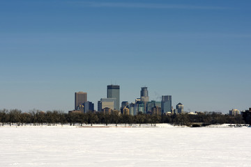 View across frozen lake Calhoun, Minneapolis, Minnesota, USA
