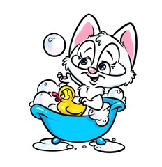 Cute cat white bath bathe cartoon illustration isolated image animal character 