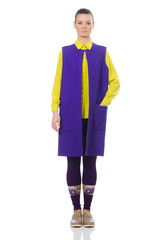 Pretty caucasian model in purple vest isolated on white