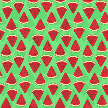 Seamless pattern vector illustration of watermelon fruit triangle slice bite in green background.