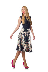 Woman in black floral dress isolated on white