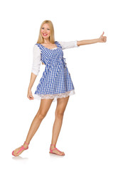 Caucasian woman in plaid blue dress isolated on white