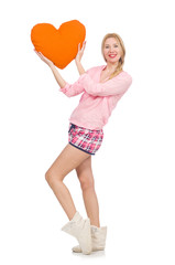 Fototapeta na wymiar Pretty girl holding orange cushion isolated on white