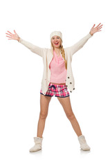 Pretty smiling girl in pink jacket isolated on white