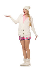 Pretty smiling girl in pink jacket isolated on white