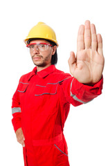 Man wearing red coveralls isolated on white