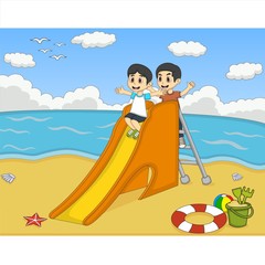 Children playing on the beach cartoon