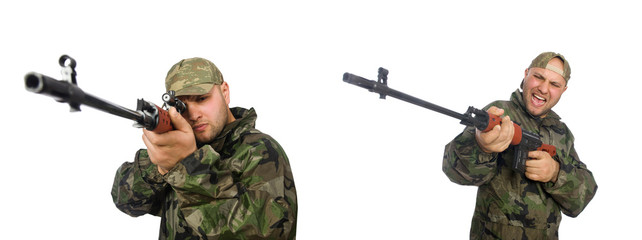 Soldier with sniper rifle isolated on white