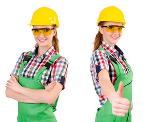 Woman in green coveralls isolated on white