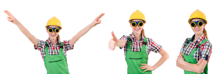 Woman in green coveralls isolated on white