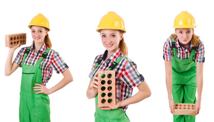 Woman with bricks isolated on white