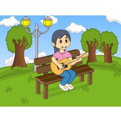 Obraz na płótnie Canvas Children playing guitar in the park cartoon