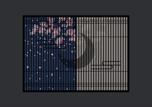 夜桜　月の書院障子
