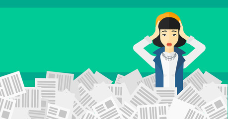 Woman in stack of newspapers.