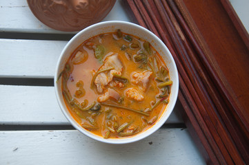 Morning glory in sour red curry ,Traditional Thai curry