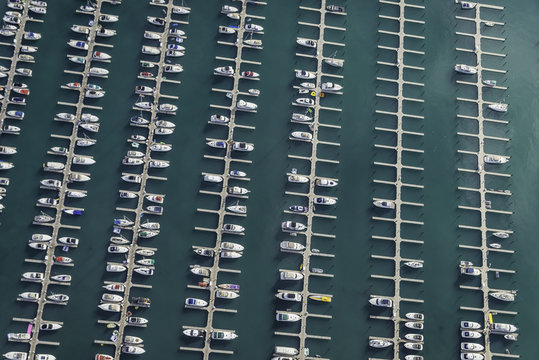Aerial top view of Marina full of Boats