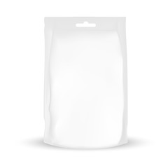 VECTOR PACKAGING: White packaging bag with hole to hang for snack or take away, bulk products, tea, coffee, spices on isolated white background. Mock-up template ready for design