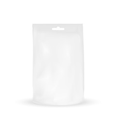 VECTOR PACKAGING: White gray packaging bag with hole to hang for snack or take away, bulk products, tea, coffee, spices on isolated white background. Mock-up template ready for design