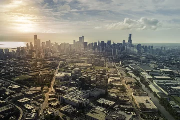 Poster Sunrise above city of Chicago skyline, aerial view © marchello74