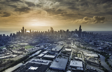 Sunrise above city of Chicago skyline, aerial view