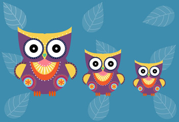 et of cartoon owls on blue background ,Vector illustrations