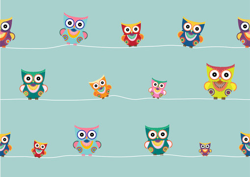 Seamless pattern of cartoon owls on green background  ,Vector illustrations