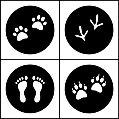 Human and bird feet, cat dog paws black white flat icons set, vector