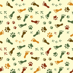 Human and bird feet, cat dog paws colorful seamless pattern, vector