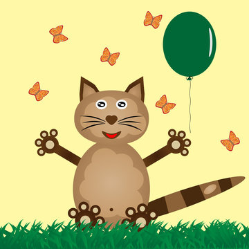 Funny cat in the grass releases a balloon. Flying butterflies.