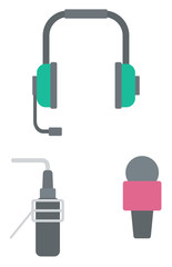 Headphones, classic microphone and studio microphone