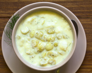 Traditional Hungarian Piszkeszosz or Piszkemartas, a cooked gooseberry, milk and egg dessert, served in bowl, photographed overhead on dark wood with natural light