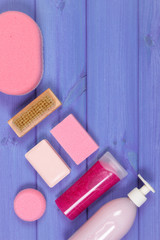 Accessories and cosmetics for personal hygiene in bathroom, concept of body care, copy space for text