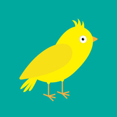 Yellow canary bird. Green background. Flat design style.
