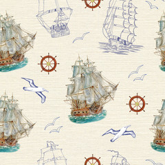 Seamless background with sailing vessels
