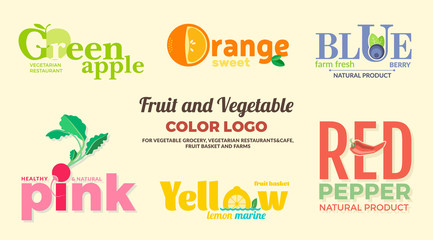 Set of colored logos on the theme of fruits and vegetables. For vegetable shops, vegetarian restaurants and cafes, delivery of fruit and vegetable farms. Vector Illustration.