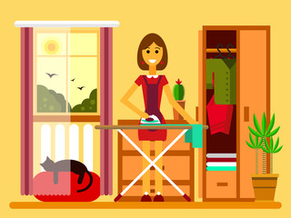 Flat illustration of young beautiful woman ironing on iron board. Woman ironing flat style. Woman ironing clothes.