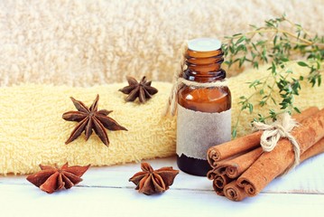 Cinnamon essential oil. Warming fragrant skincare. Anise, cinnamon, thyme aromatherapy. 