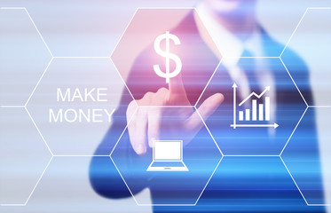 businessman pressing button on virtual screens