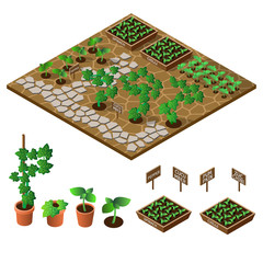 Garden in spring. Isometric icon set. Vector illustration.