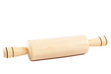 Wooden rolling pin on white background.