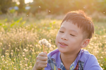 Asian child blowing away flower in spring