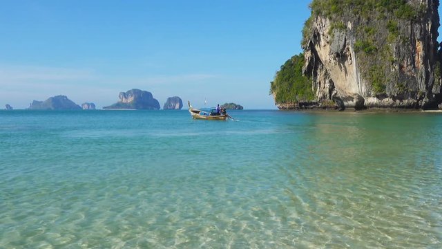 Landscape with tropical beach (Pranang beach) and rocks, Krabi, Thailand, zoom in
